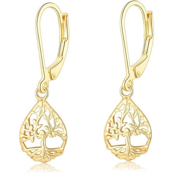 Gold Teardrop Leverback Dangle Tree of Life Earrings for Women - Picture 1 of 4